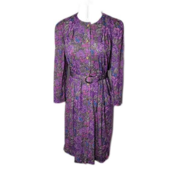 Peri Petites Vintage Button Up Belted Dress ~ Sz 6 ~ Purple ~ Midi ~ Long Sleeve - Picture 1 of 7